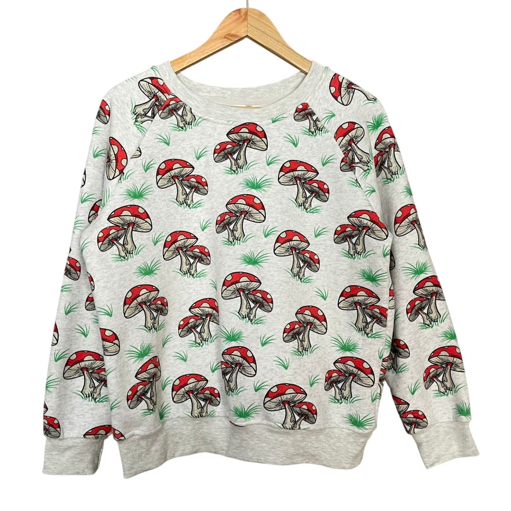 L.A. Soul Mushroom Print Sweatshirt Top Gray Red Toadstool Raglan Women Small